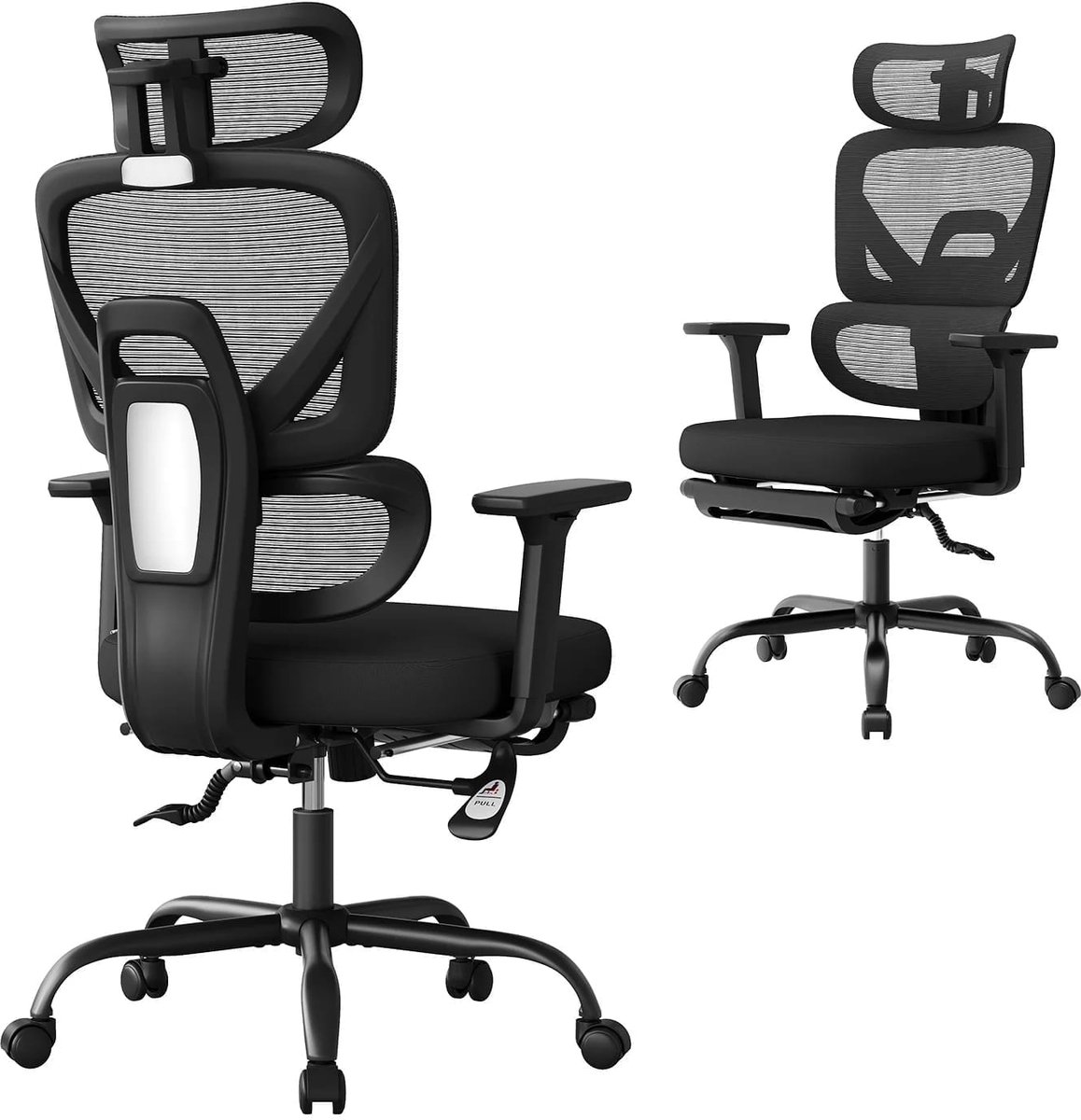 Klarven® Bureaustoel ergonomisch Zwart - Verstelbare hoofdsteun en 3D-armleuningen - Mesh stof, belastbaar tot 150 kg - B 73 x D 68 x H 121-131 cm