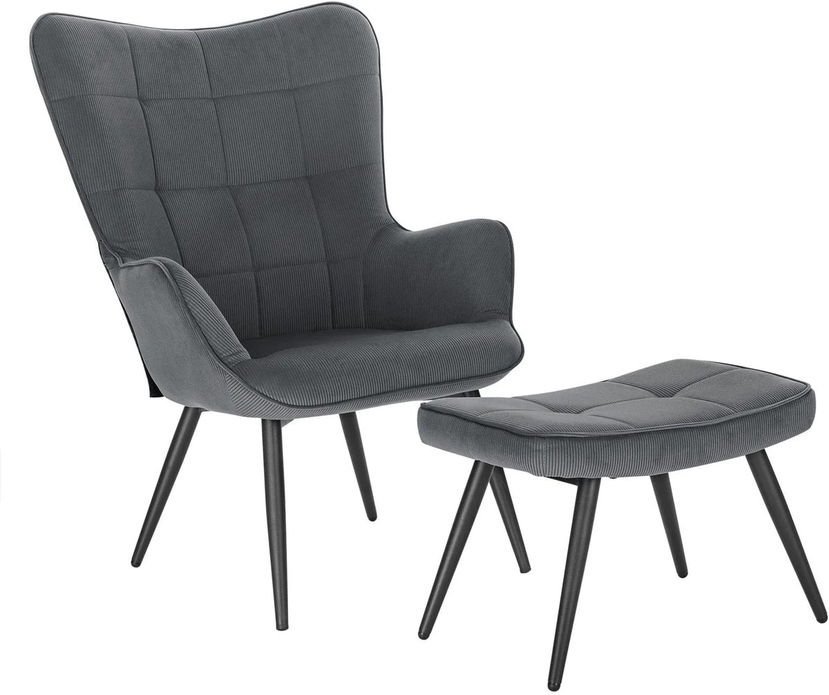 Klarven® Relaxstoel Donkergrijs - Corduroy Relaxstoel - Fauteuil met Voetsteun - Hoge Rugleuning 59 cm - Dikke Corduroy Bekleding - Stevige Metalen Poten - Draagvermogen 100 kg