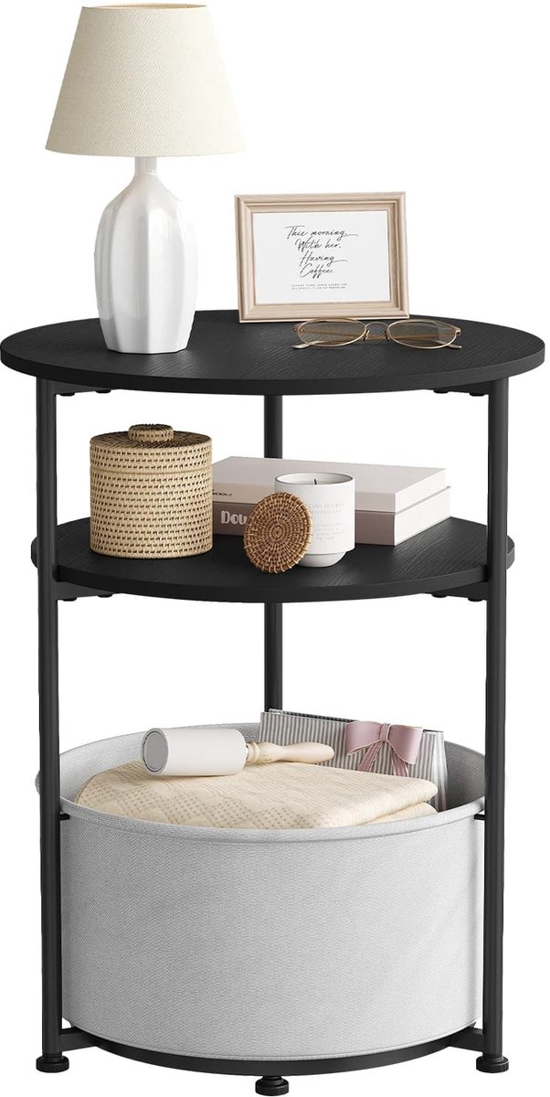 Klarven® Bijzettafel Rond Zwart - Bijzettafeltjes Woonkamer - Bijzettafel Bank - Opbergmand Bijzettafel - Metalen Frame, Stoffen Opbergmand, Snel Gemonteerd - Ø43xh56cm