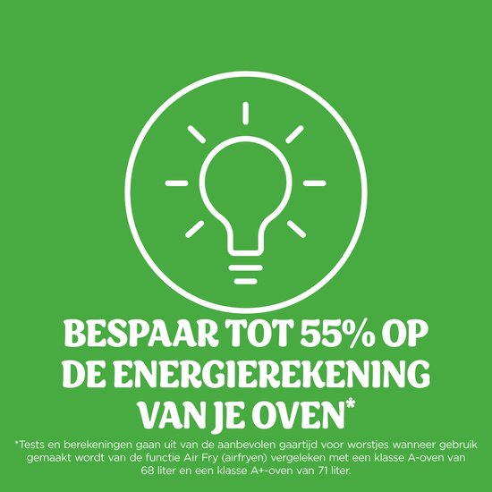 Groene afbeelding met een witte gloeilamp-icoon en de tekst: Bespaar tot 55% op de energierekening van je oven.