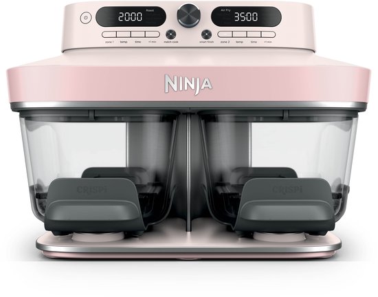 Lege roze Ninja airfryer met twee glazen schalen en zwart bedieningspaneel met instellingen aan de voorzijde.