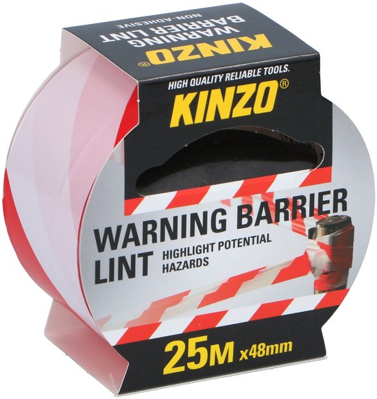 Kinzo waarschuwingslint, 25 meter x 48 mm, rood-wit gestreept, non-adhesive.