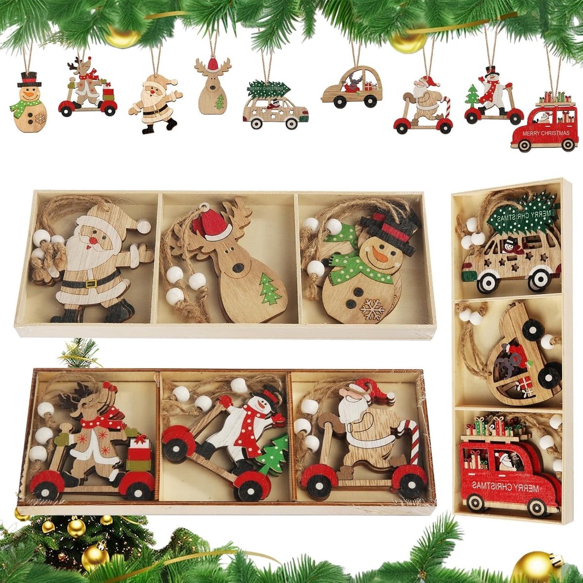 Kerstdecoratie Houten Hangers, 27 Stuks, Kleine Ornamenten voor de Kerstboom, Herten Hangers, Versieringen voor een Feestelijke Sfeer