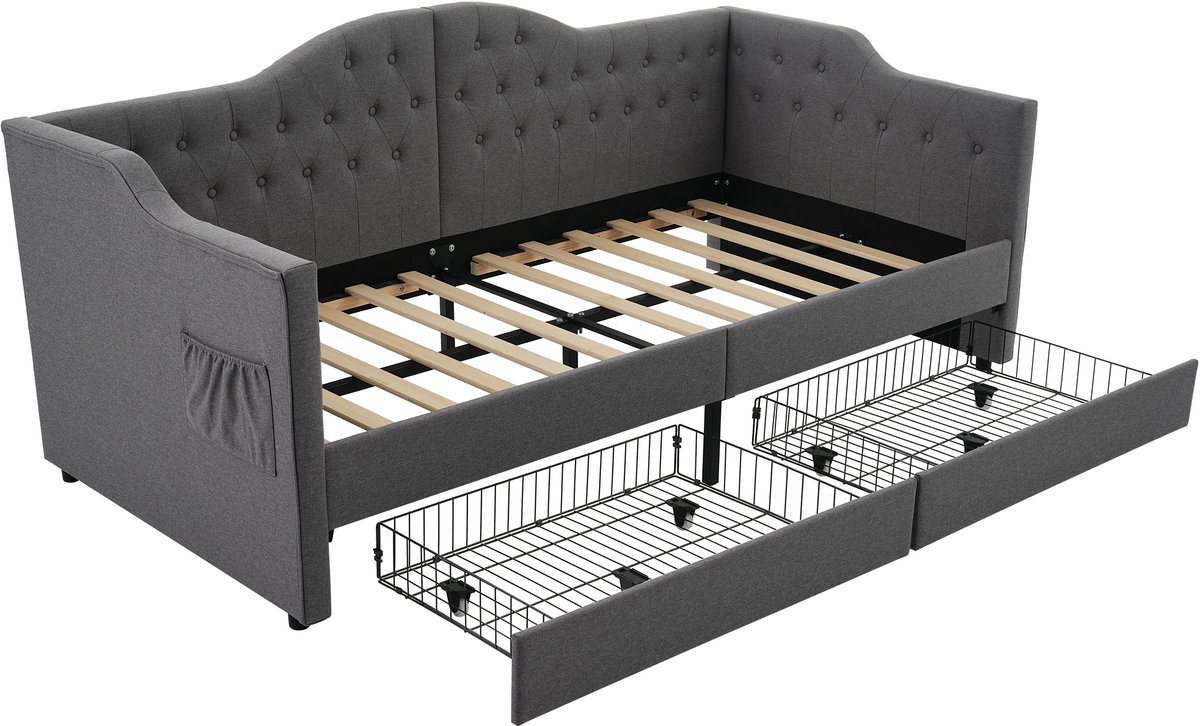 WUVRIE Bedbank 90x200 cm met 2 lades, USB en Type-C, grijs