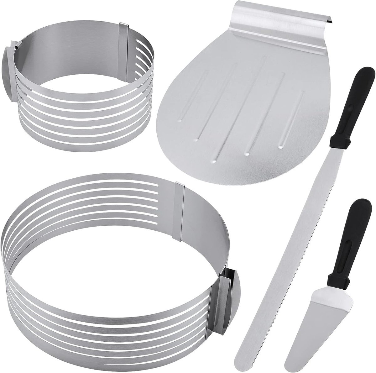 Set van 5 Verstelbare Taart Ringen van RVS, Inclusief Taart Ladder, Spatel en Snijder voor Perfecte Taartcreaties 23-30cm/15-20cm