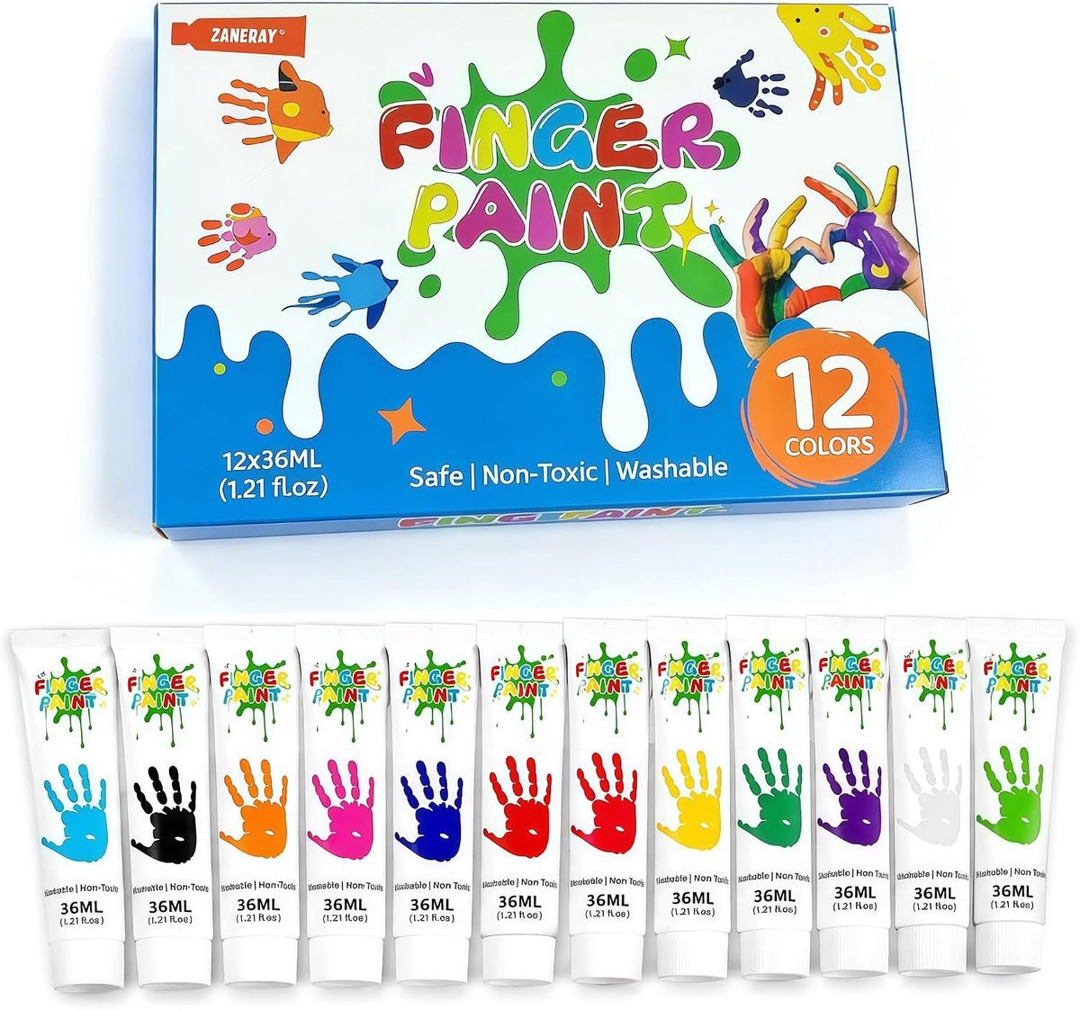 Vingerverf Set met 12 Tubes - Levendige en Niet Giftige Kleuren voor Creatieve Hand- en Voetafdrukken, Afwasbaar en Veilig voor Kinderen