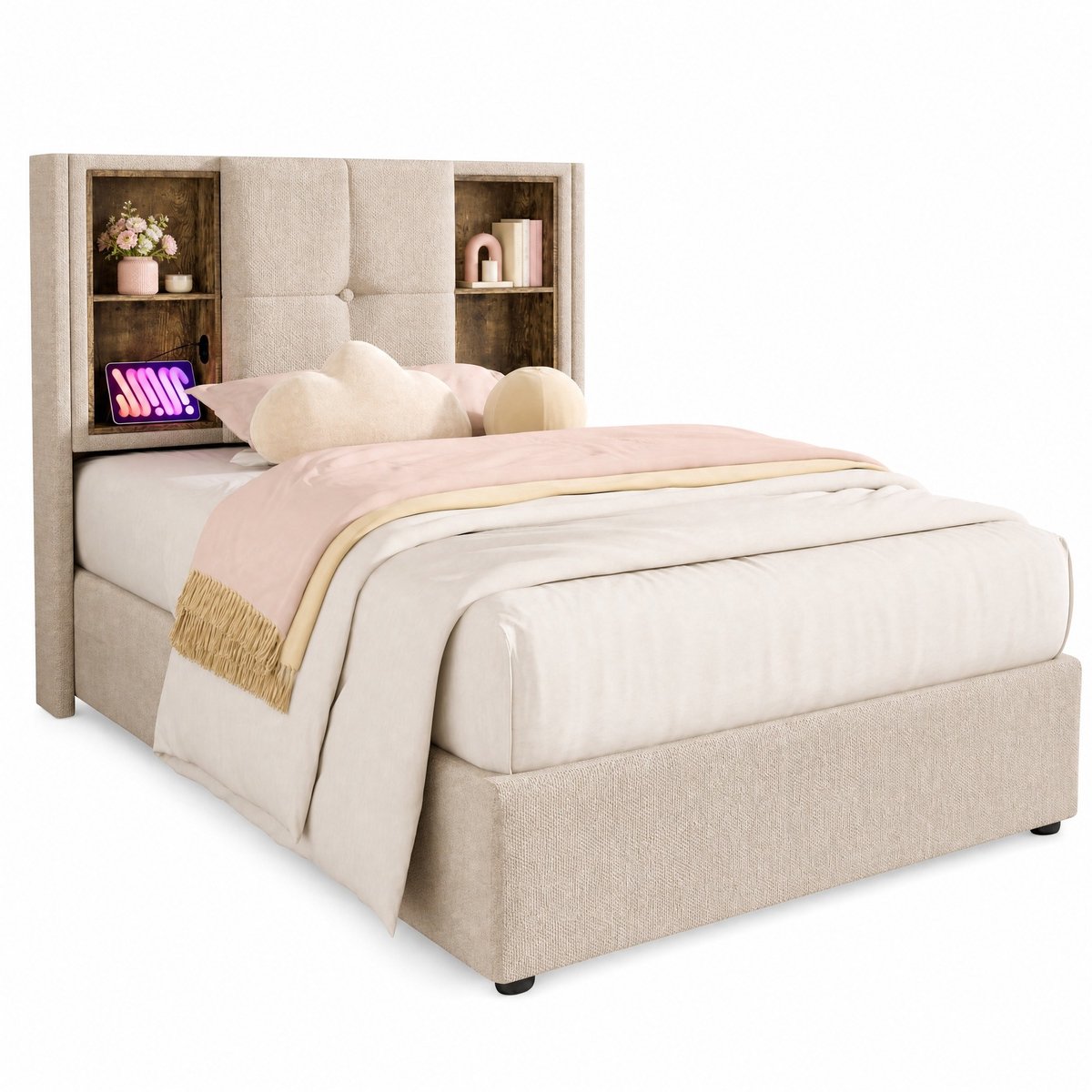 WUVRIE Eenpersoons bed 90x200 cm met opbergruimte, draadloos laden en USB-C, naturel stof