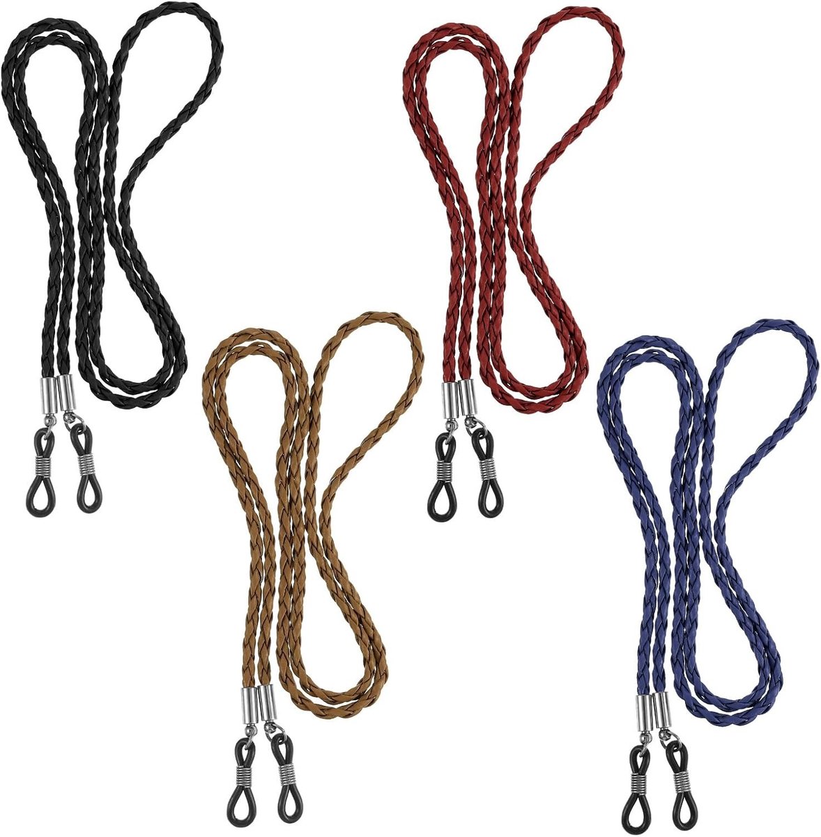 Set van 4 Leren Brilbanden in Diverse Kleuren, Handige Brilkettingen voor Dames en Heren, Verstelbare Brilhouders en Accessoire voor om de Hals