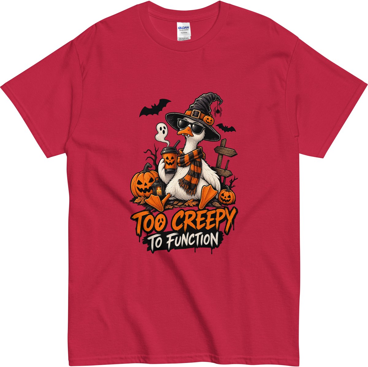 Heren Dames T-shirt met Halloween Gans - Too Creepy To Function Print - Rood - 5XL
