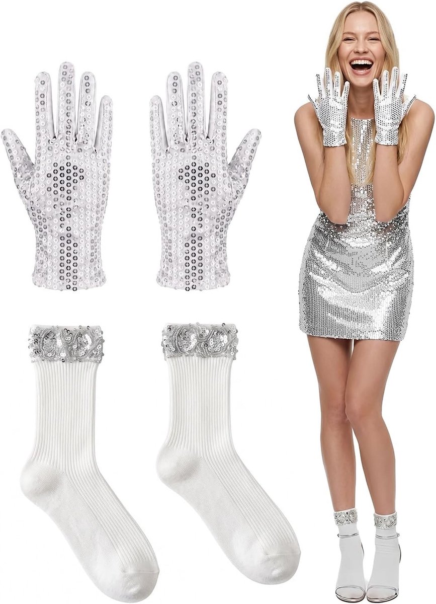 Glinsterende paillettenhandschoenen en witte paillettensokken voor feestjes en evenementen, stijlvolle kostuumaccessoires voor dames
