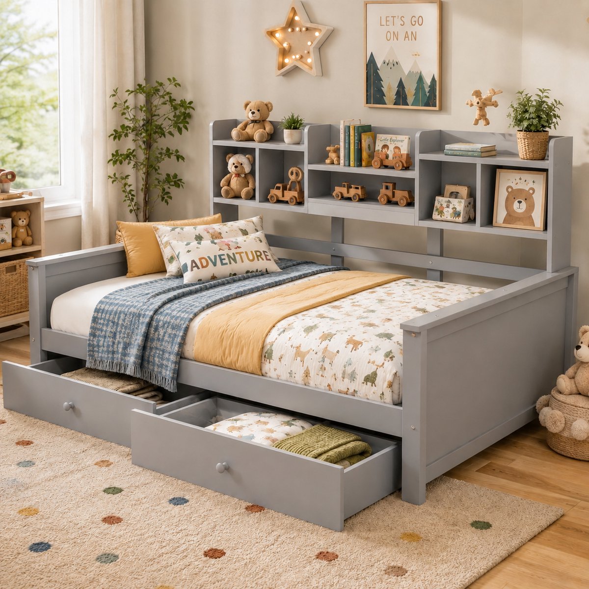 Welltin Slaapbank - Kinderbed 90x200 cm - Eenpersoonsbed - Massief hout - Met open opbergruimte - Met planken - Lattenbodem - Ruimtebesparend - Snel Gemonteerd - Grijs