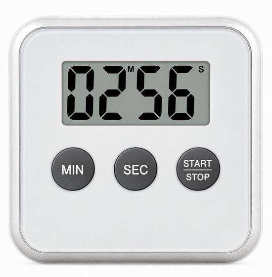 Witte digitale keukenwekker met een duidelijk LCD-scherm dat 02:56 weergeeft en drie grijze knoppen: MIN, SEC, START/STOP.