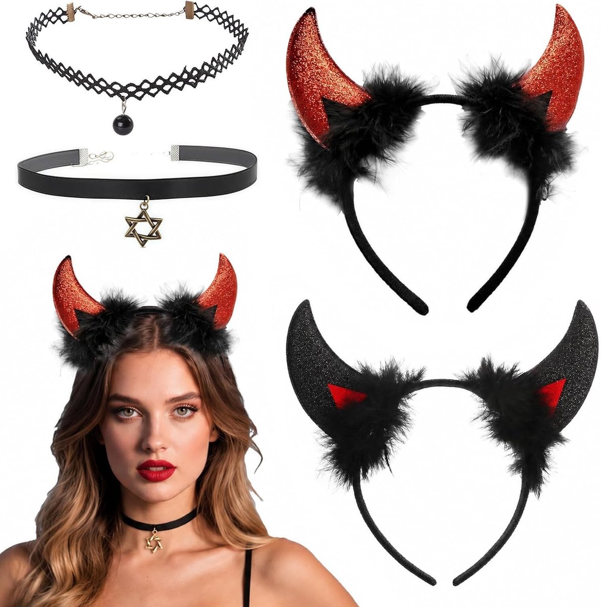 Halloween veren hoofdband met verstelbare duivelshoorns, ideaal voor kostuums, themafeesten en rollenspellen, inclusief halskettingen en parelaccessoires