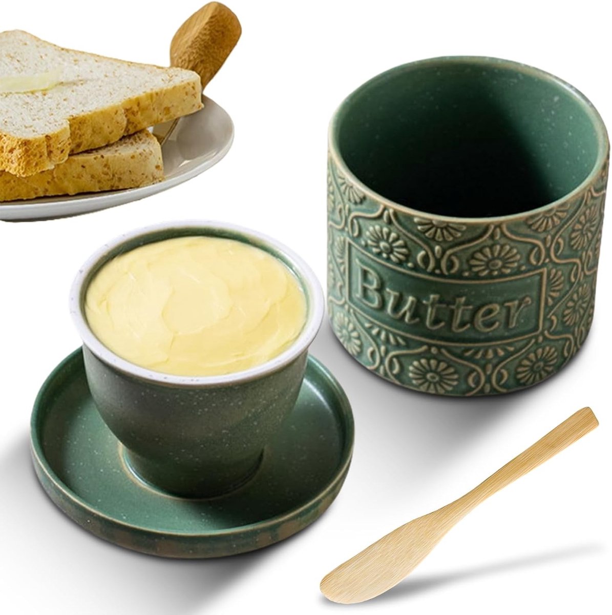 Vintage keramische botervloot met deksel en botermes, watergekoelde botervat voor het bewaren en smeren van boter