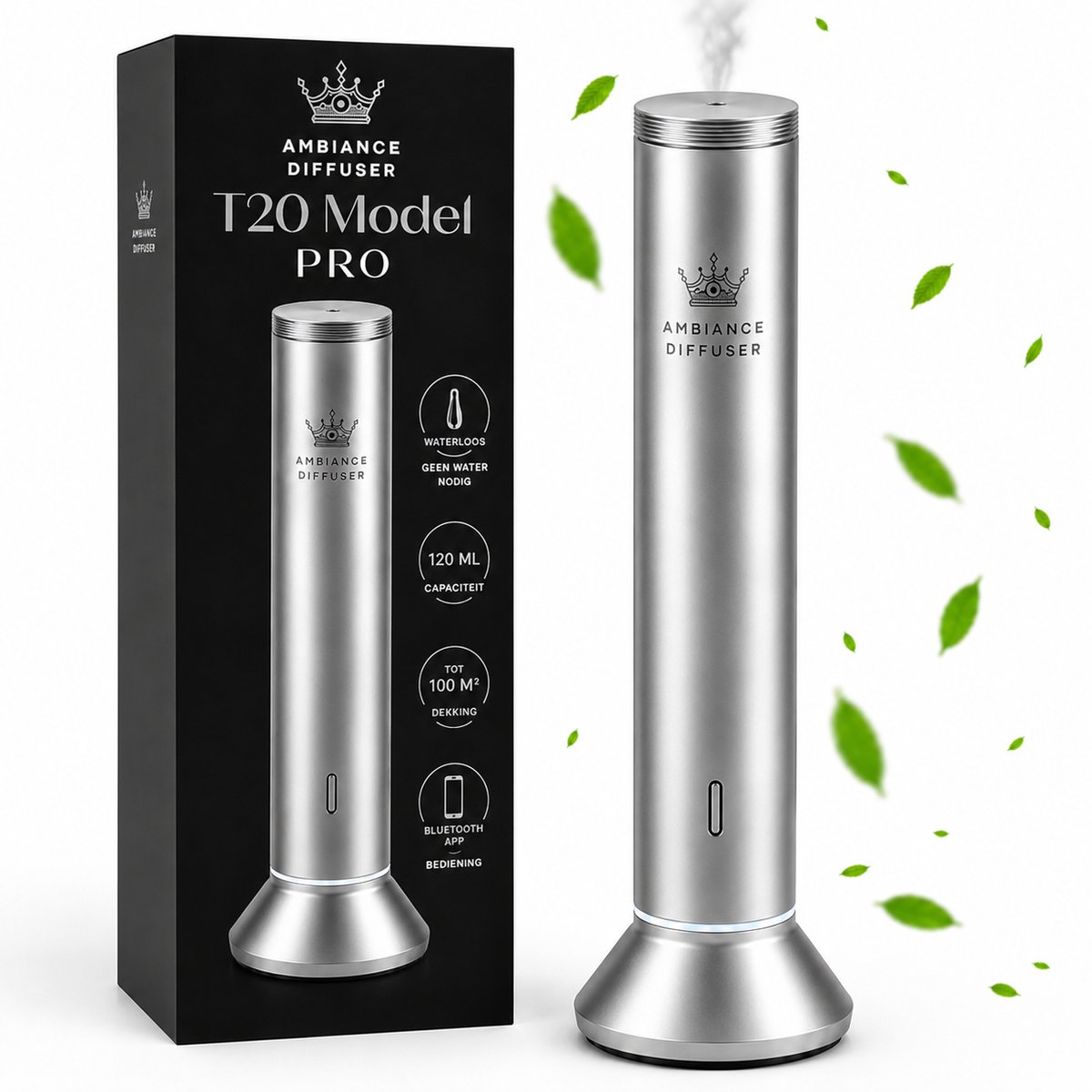 Ambiance Diffuser T20 PRO – Draadloze Aroma Diffuser – Waterloze Geurmachine – Bluetooth App & Afstandsbediening – 120 ml – Tot 100 m² – Zilver