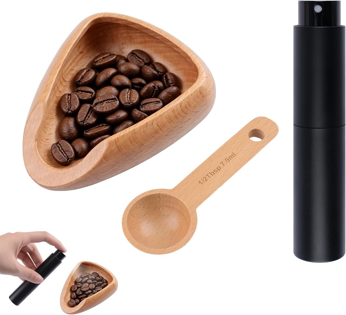 Koffiebonen Dispenser en Houten Maatlepel met 10ml Sprayfles voor Koffieliefhebbers, Perfect voor Thuis, Hotel en Restaurant