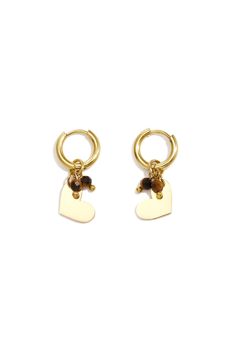 Dames Oorbellen Hartjes – Donkerbruin – RVS – 14K Gold Plated – Mini Hart Oorbellen