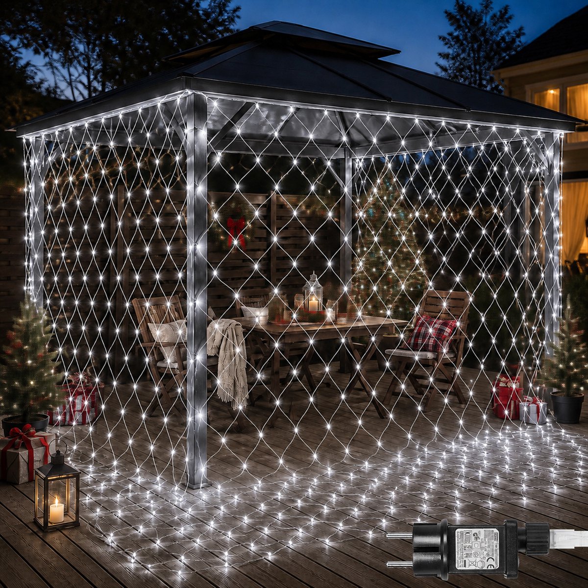 Rosnek LED Netverlichting - Kerstverlichting 3 x 2 m 200 LEDs Wit - Met Koppelstekker - 31 V Laagspanning met 8 Lichtstanden en Geheugenfunctie - Lichtnet voor Heg, Muur en Kerstdecoratie