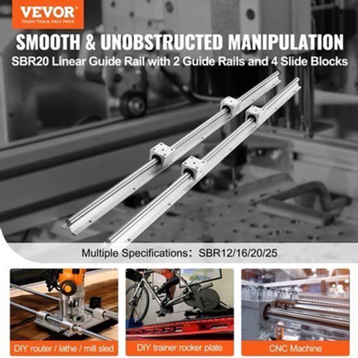 Lineaire Geleiderails - Soepele Beweging Voor Doe-Het-Zelf-Haspels - SBR20 - Schuifblokken Voor Cnc-Freesmachines - 20 MM-800 MM - Zilver