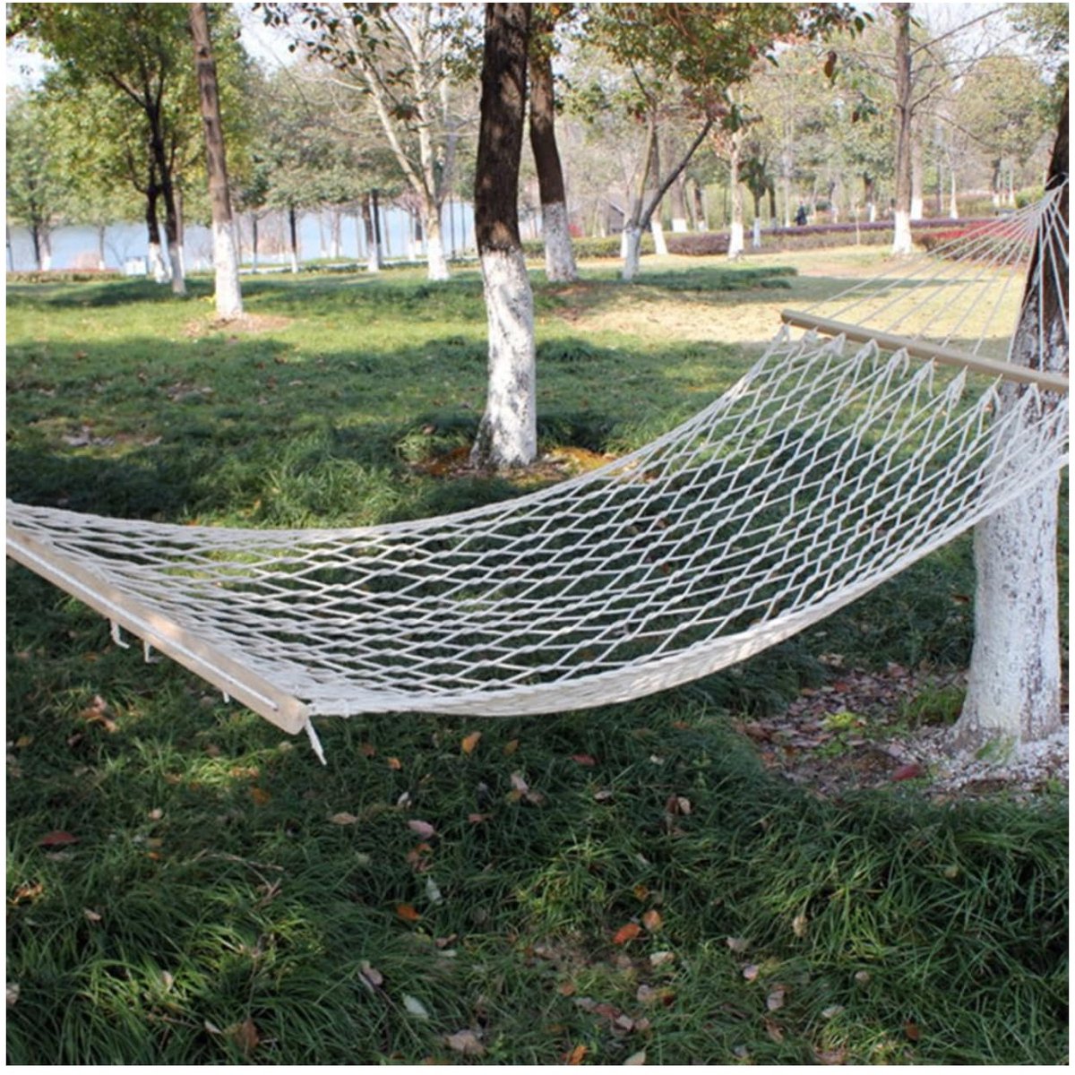 Touwhangmat - Geweven Katoenen Touw met Houten Spreidstok - Draagbaar voor Buiten Tuin Reizen en Camping