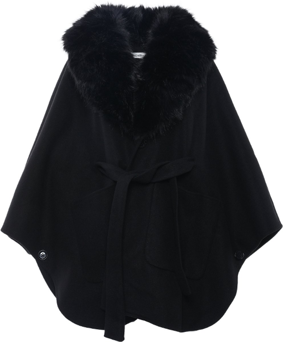 Dames Cape Jas met Afneembare Faux Fur Kraag - Poncho Jas met Ceintuur & Steekzakken - Warme Wintercape & Omslagdoek - Dames Jas - Cadeau voor Vrouw - Zwart