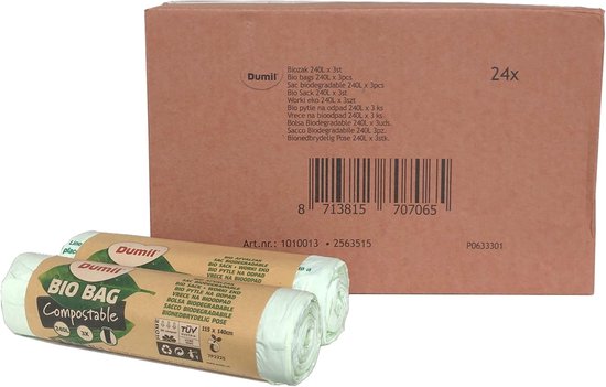 Doos met 24 rollen Dumil Bio Bag vuilniszakken, 240L, 3 zakken per rol. Groen.