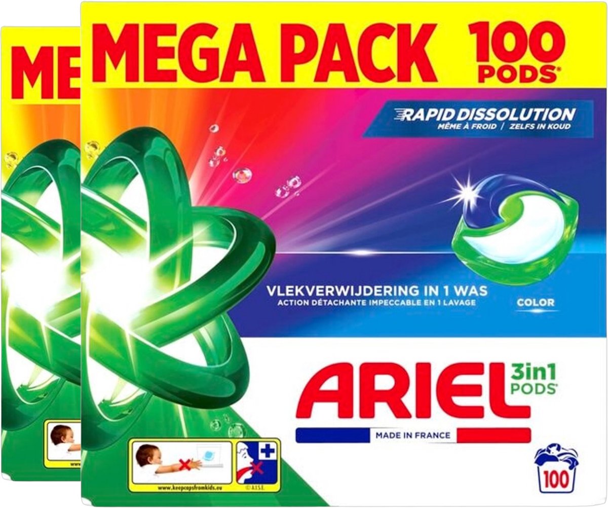 Ariel Color 3-in-1 Pods - Wasmiddel Capsules - 200 Stuks - 2 X 100 wascapsules - Supergeconcentreerde reinigingskracht - Beschermt de helderheid van je gekleurde was
