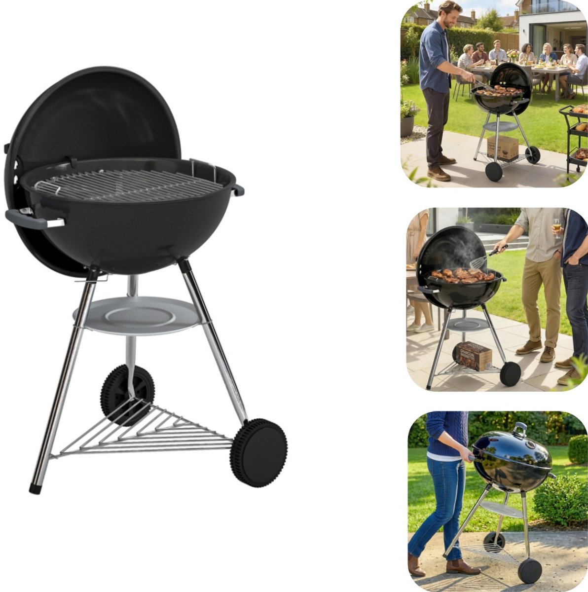 Barbecue - Houtskoolbarbecue - Grill - Metalen grill - Tuinbarbecue - Met wielen - Met rek - Met ventilatieopening - Met thermometer - Gemakkelijk schoon te maken - Outdoor accessoires - Geschikt voor tuin, buiten, bij het zwembad (zwart, 73*65cm)