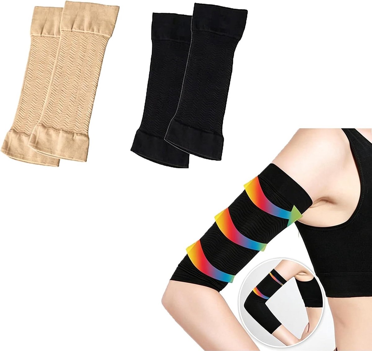 Slimming Arm Shaper Wraps voor Dames - Elastische Armcompressiesleeves voor Vormgeving en Toning - Zwart en Beige, 20cm