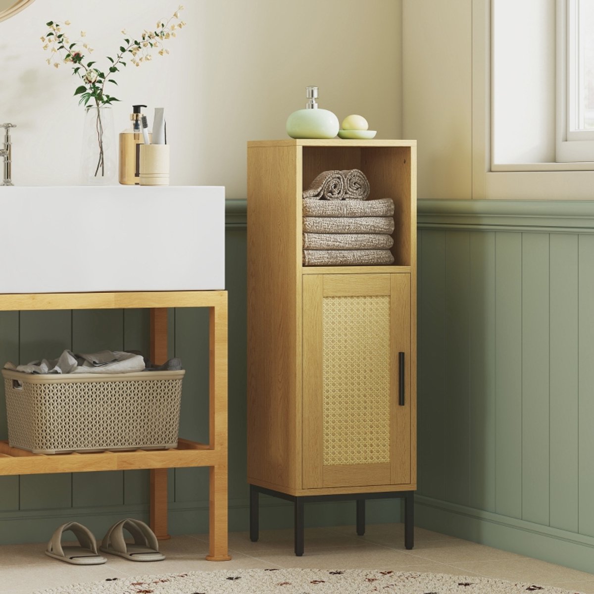 REDOM - Smalle vrijstaande badkamerkast met open vak en verstelbare legplank, natuurlijke houtkleur - Boho-Natuur design
