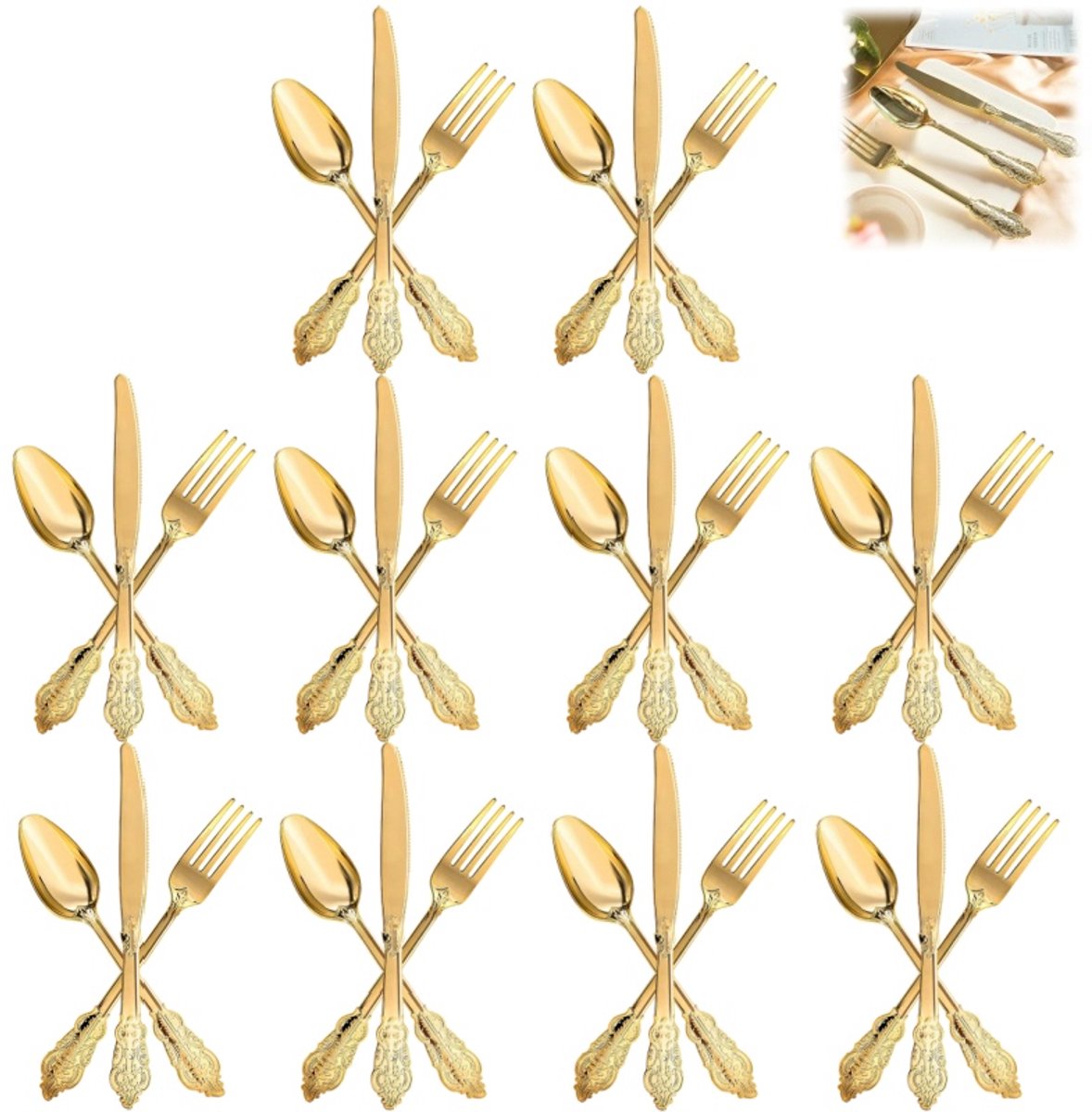 30 stuks - bestekset - mes vork lepel - luxe tafelbestek - vintage reliëf gegraveerd handvat - vork 19,0 cm mes 20,1 cm lepel 17,6 cm - voor bruiloft feest diner vieringen - goudkleurig