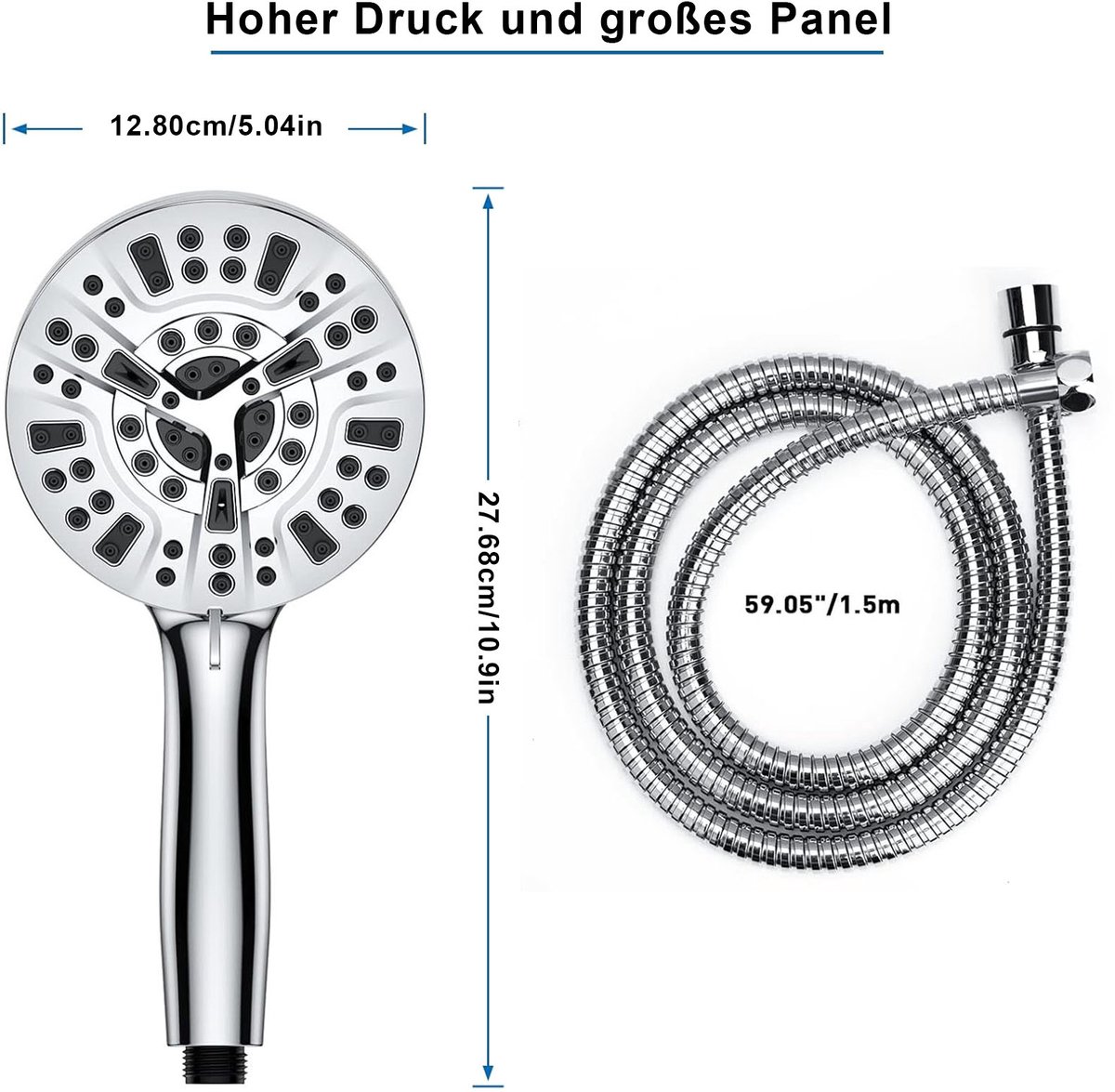 Douchekop set met slang en waterfilter – Handdouche met hoge druk en draaistand – Voor snelle reiniging – 27 x 12,8 x 5,3 cm – Zilver