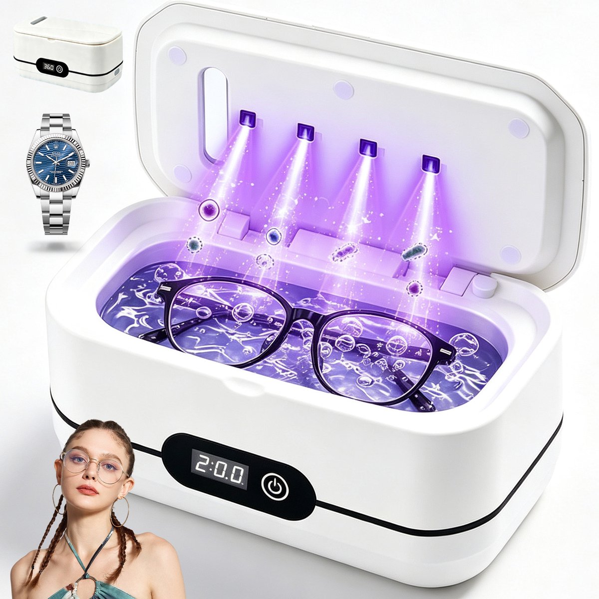 Ultrasoonreiniger - Ultrasone UV Reiniger - UV + Ultrasoon - LED Touchscreen - 5 Timerstanden - Stille Werking - 19x8,5x9,7 cm - Voor Bril & Sieraden & Kunstgebitten & Beugels