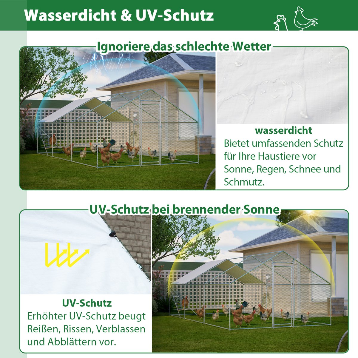 REDOM - Kweektent - Kippenren 3 x 6 m - Metalen constructie - Geïntegreerd klimrek met ladder - PVC-afdekking - Verzinkt staal - Grijs - 303 x 600 x 200 cm
