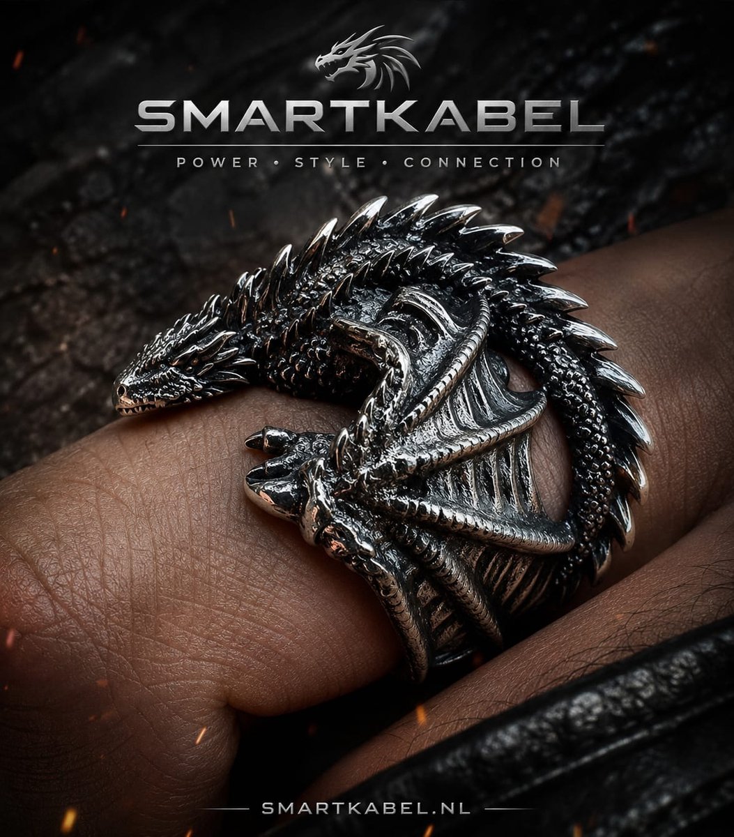 Drakenring – Stoer & Krachtig – Universeel Verstelbaar - Smartkabel.nl - Zilverkleurig - Vikinglook - Draak - Uniek