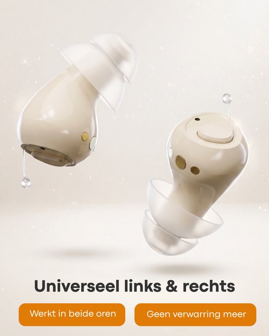 Twee beige hoortoestellen met siliconen oordopjes, getoond met de tekst "Universeel links & rechts".