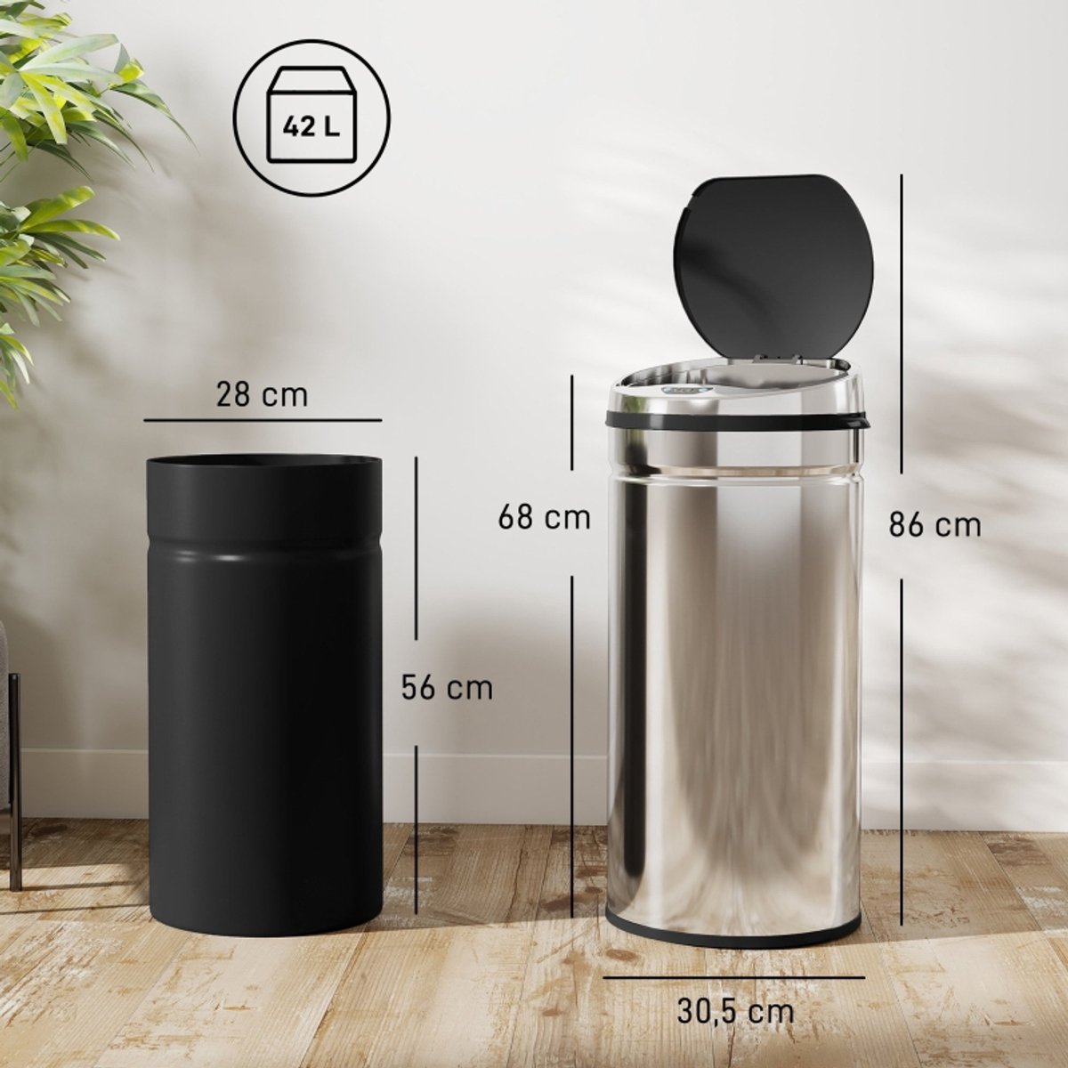 REDOM - 42 L Sensor Prullenbak - Automatische Afvalemmer met Infrarood Sensor, Roestvrij RVS, Hygiënisch & Handig voor Keuken & Badkamer, Zilver