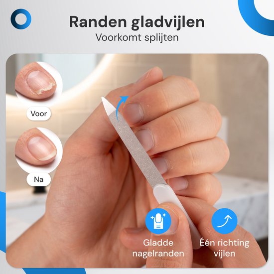 Een hand die met een nagelvijl de randen van een gebroken nagel gladmaakt. Links de nagel 'Voor' en 'Na' het vijlen. 'Gladde nagelranden', 'Eén richting vijlen'.