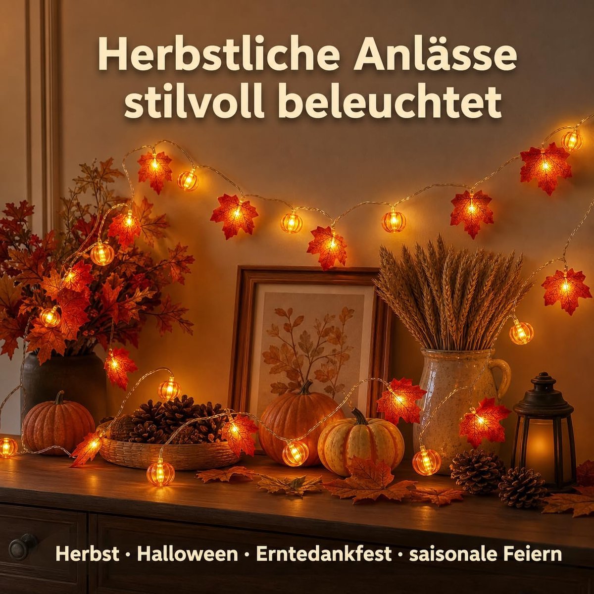 3m Herfst Lichtslinger met 20 LED Esdoornbladeren - Sfeervolle Buiten- & Binnenverlichting - Voor Tuin, Terras, Raam & Herfstdecoratie - Warme Gloed - Batterijgevoed - Eenvoudig te Hangenaan - Creëer een Gezellige Herfstsfeer — cadeau in Wonen & Interieur - foto 4