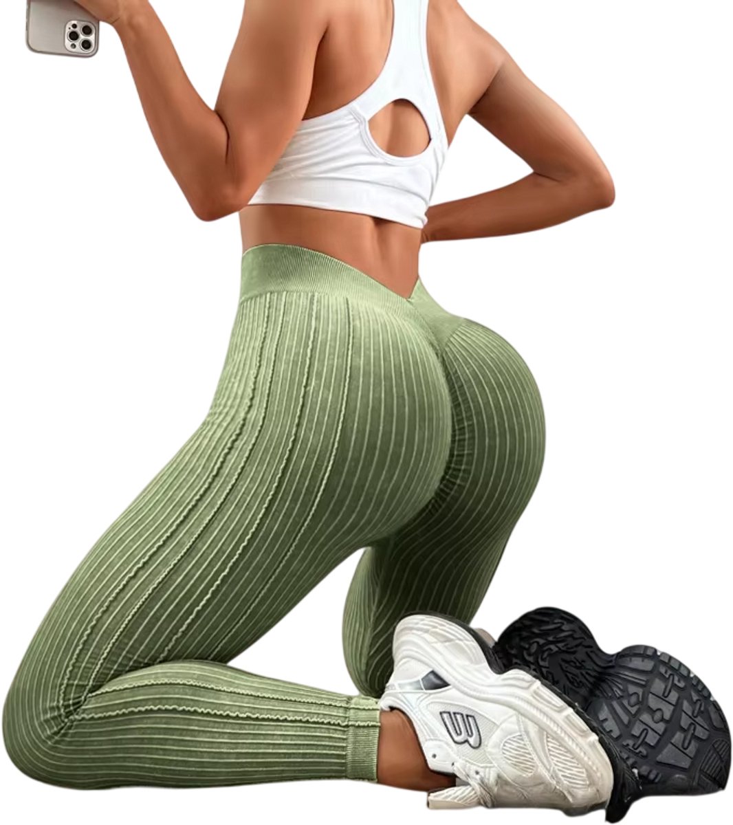 High Waist Legging Dames – V-Tailleband, Geribbelde Sportlegging, Peach Hip Effect, Elastische Yoga & Fitness Workout Broek, Sportbroek Dames - Groen - Maat L