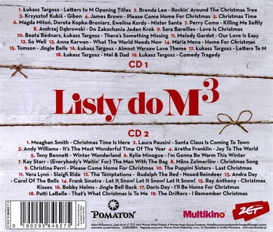 CD hoes met lijst van nummers voor CD1 en CD2, geschreven op houtnerf textuur. Rode tekst 'Listy do M³'.