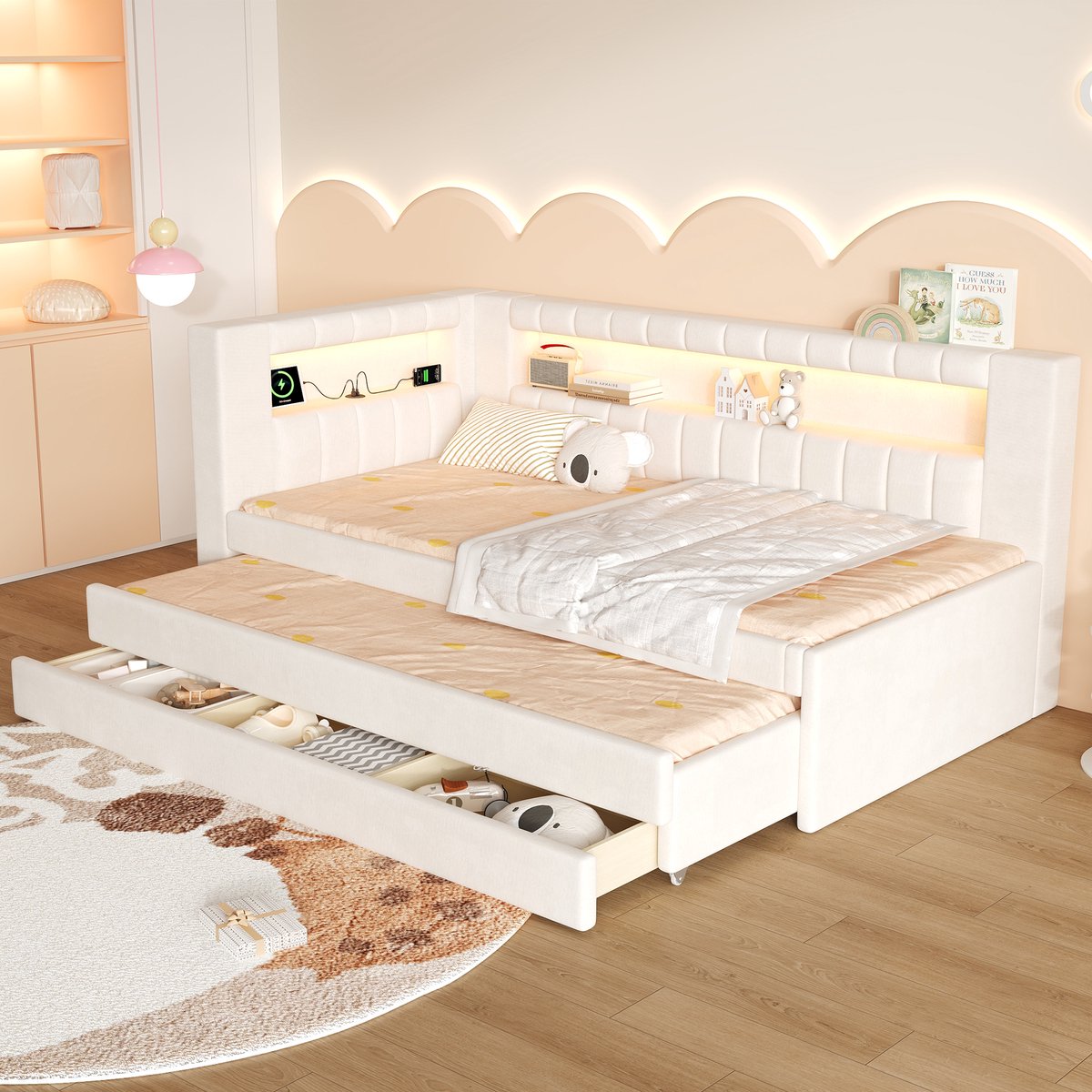 REDOM - Bedbank met USB-aansluitingen en LED-verlichting - Uitklapbed met drie lades - Gepolsterd - Gastenkamer - MDF en spaanplaat - Wit - 208,5 x 102,5 x 95,5 cm