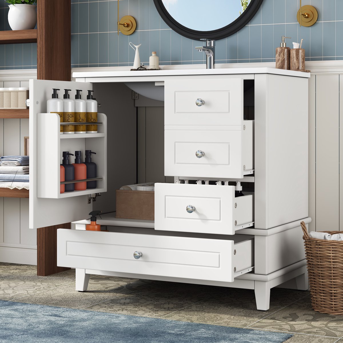 REDOM - Badkamer wastafelmeubel - 3 laden en 1 deur - Soft-close - Klassiek - Badkamer - MDF en keramiek - Wit - 81 x 47 x 86 cm
