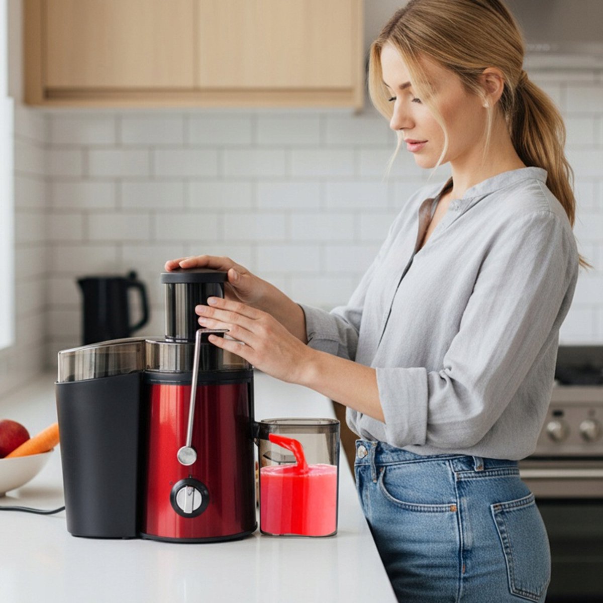 Elektrische Sapcentrifuge - 500 ml Juicer - Fruitpers & Citruspers - Sinaasappelpers - 1000W Motor - 2 Snelheden - Brede Vulopening - Veiligheidsslot - Sapmachine - Voor Groenten en Fruit - Rood thumbnail 6
