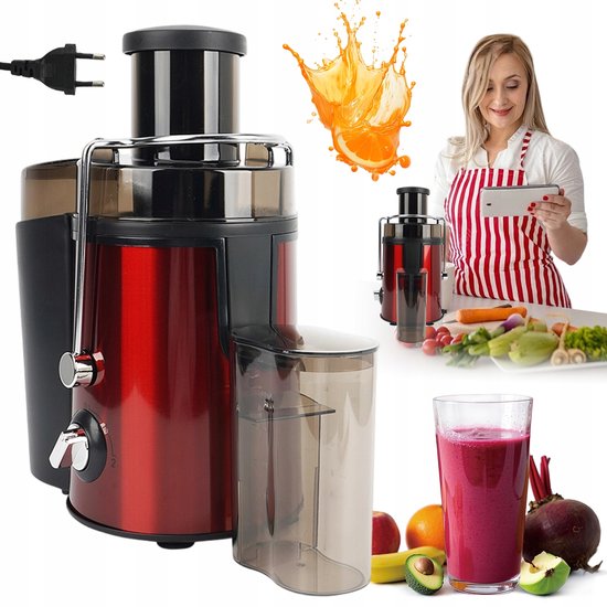 Centrifugeuse rouge avec pot à pulpe, verre de jus rouge et femme regardant une tablette. Avec accessoires.