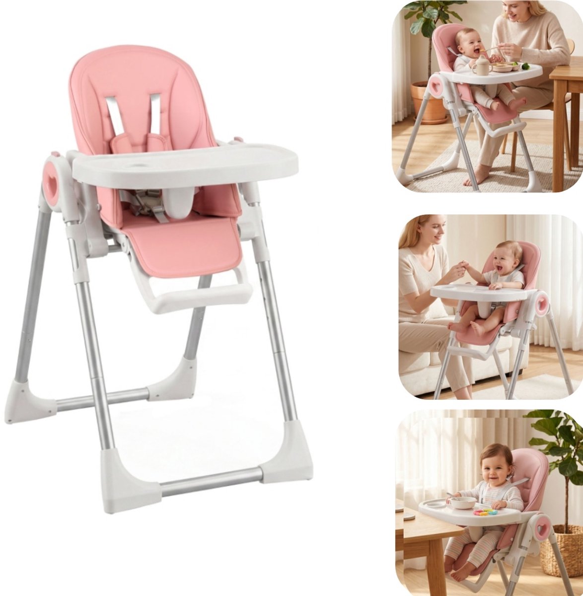 Hoge kruk - babystoel - babyvoedingsstoel - eetstoel - opvouwbare stoel - met dienblad - gemakkelijk schoon te maken - met voetensteun - in hoogte verstelbaar - woonaccessoires - geschikt voor baby’s van 6-36 maanden (roze, 75*55 cm)