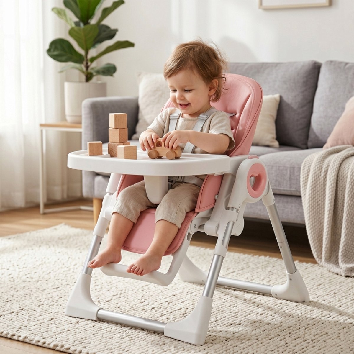 Hoge kruk - babystoel - babyvoedingsstoel - eetstoel - opvouwbare stoel - met dienblad - gemakkelijk schoon te maken - met voetensteun - in hoogte verstelbaar - woonaccessoires - geschikt voor baby’s van 6-36 maanden (roze, 75*55 cm) – foto 5