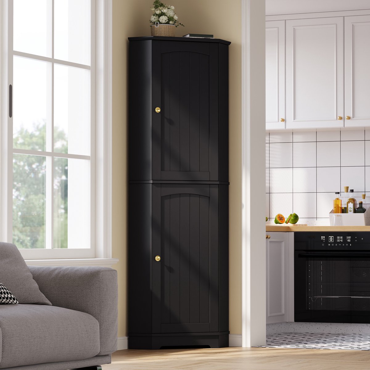 REDOM - Buffetkast - Ruimtebesparend hoekontwerp - 2 deuren en verstelbare planken - Kantelbeveiliging - Modern - Keuken woonkamer eetkamer - MDF - Zwart - 42 x 42 x 166 cm