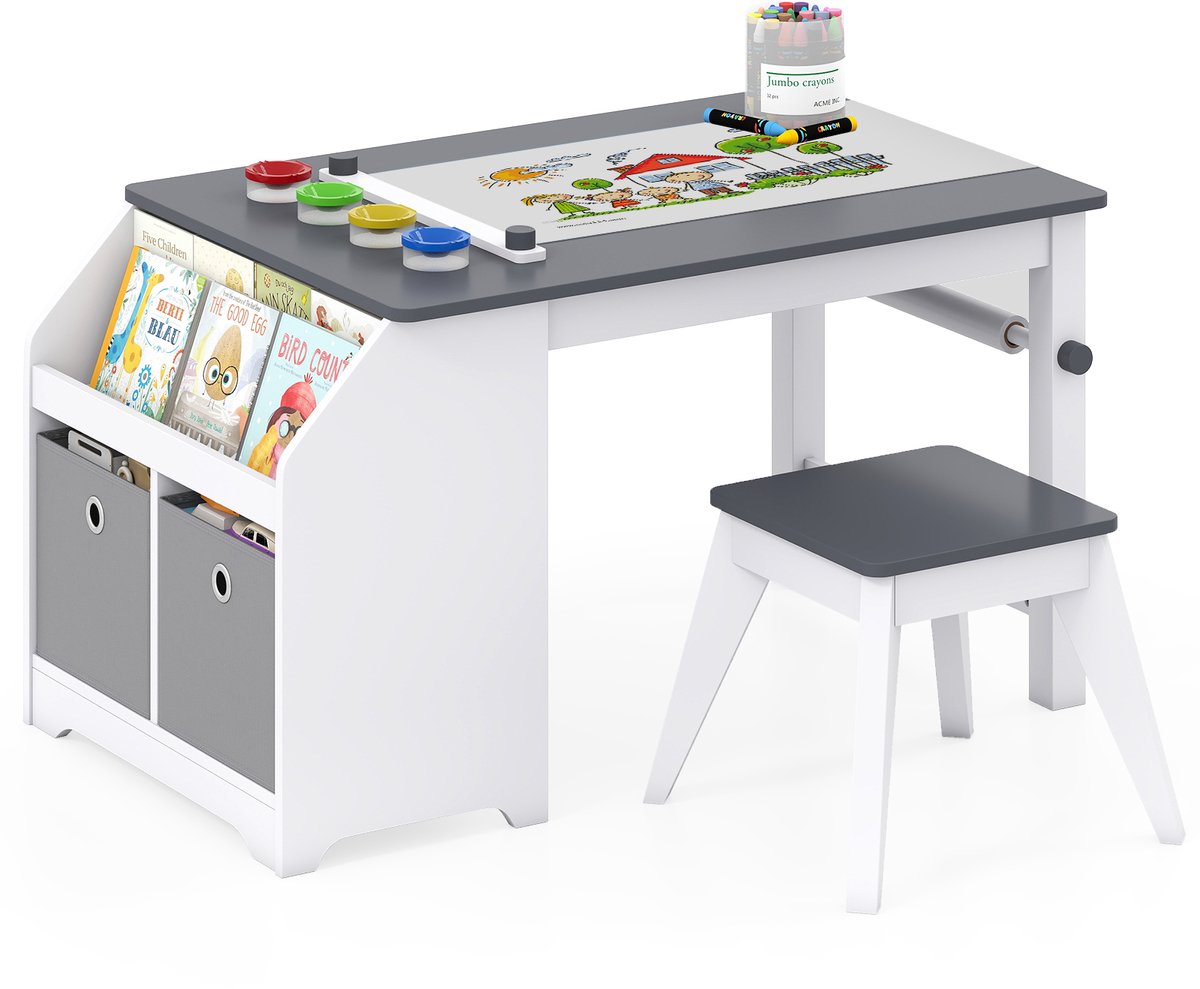 COSTWAY Kindertafel en stoelset, schildertafel voor kinderen met opbergruimte
