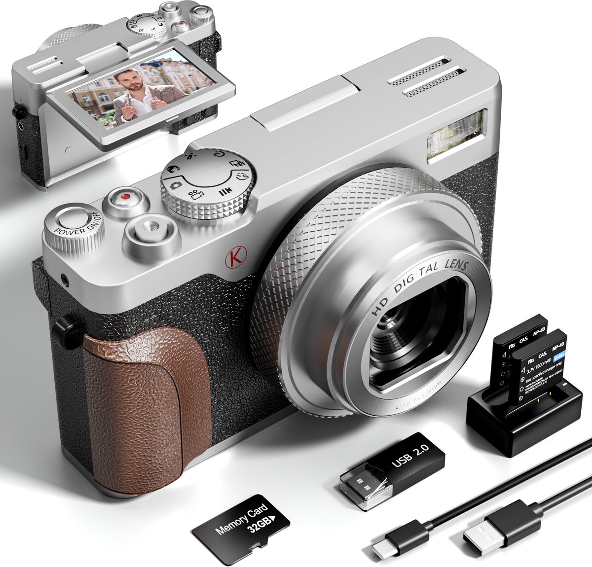 NBD K100 Digitale Camera - 4K - 64MP - 18x Digitale Zoom - 180° Draaibaar Scherm - Volledig Metalen Behuizing - 2 Accu's - Zilver